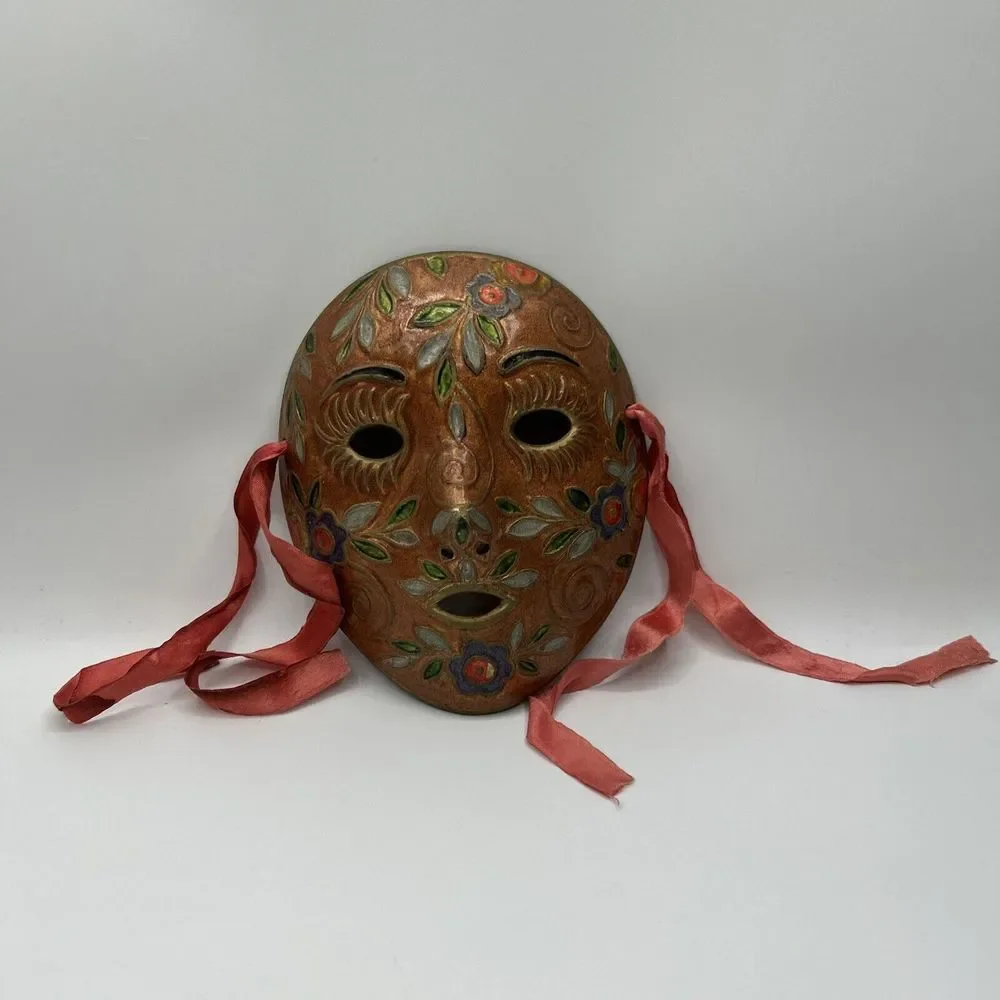 Vintage Enamel on Solid Brass‎ Mardi Gras Mask Face Ribbons Disintegrating 8